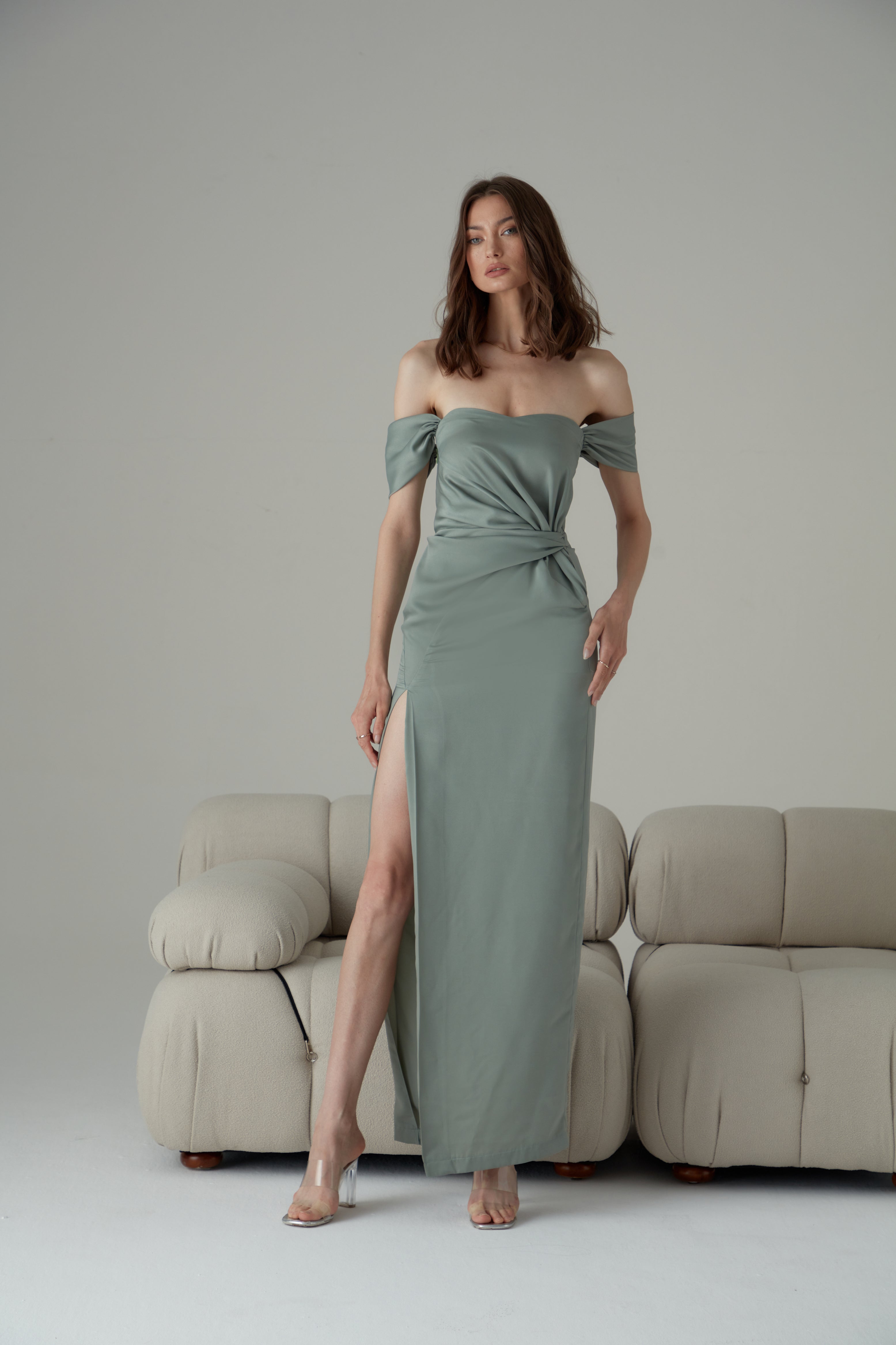 ultra modern dress for women Plunging Neckline Floor-Length Fitted Dress Petrol